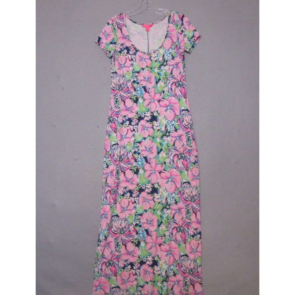 Lilly Pulitzer Maxi Dress XS Pink Blue Floral Wynne High Tide‎ Navy Tall Order